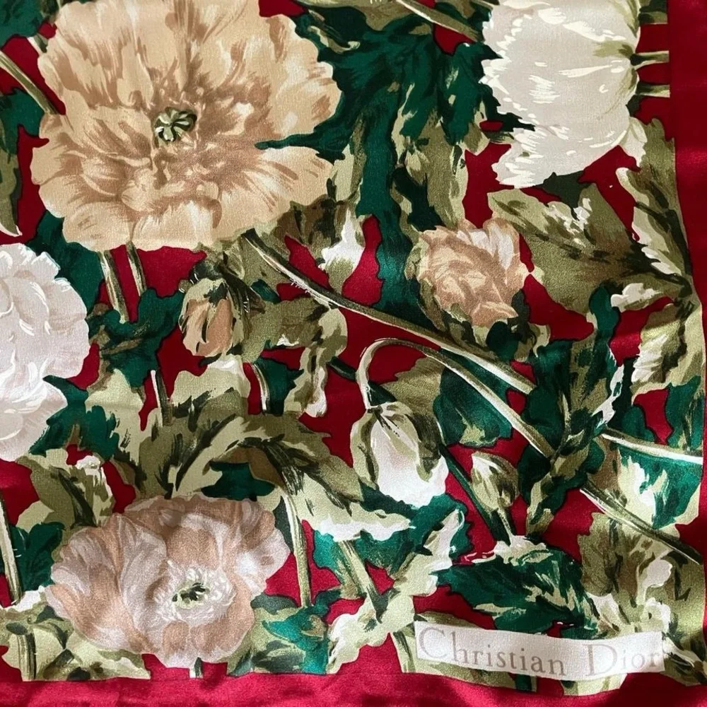 Christian Dior Floral Silk Scarf with Red Border Rare